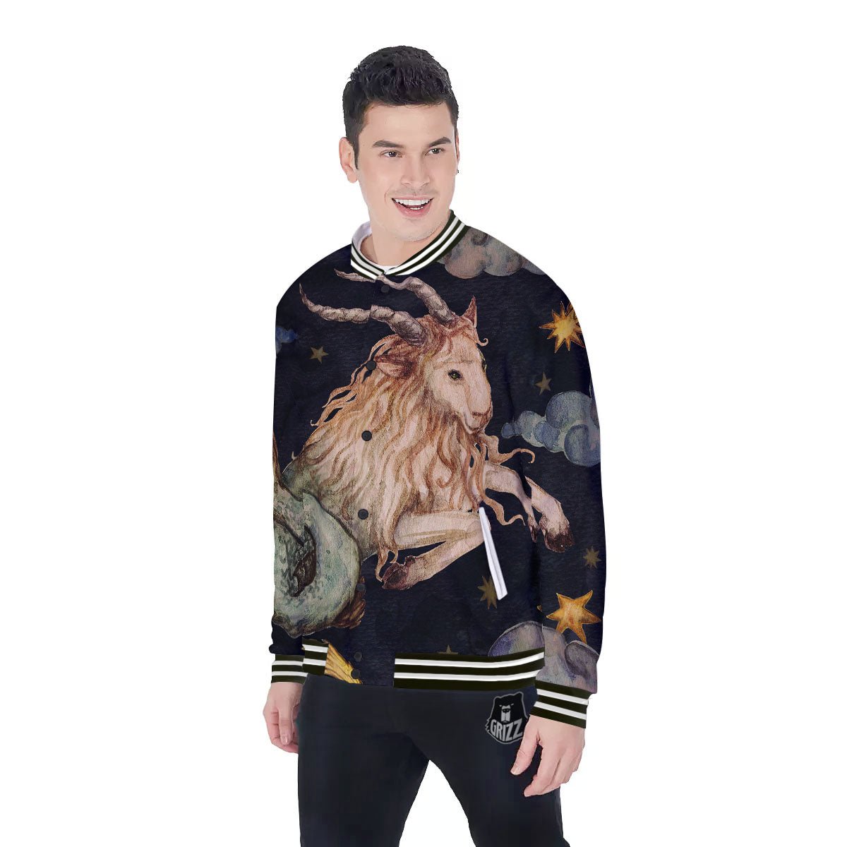 Zodiac Sign Watercolor Capricorn Print Baseball Jacket-grizzshop