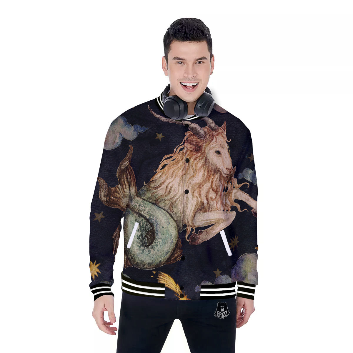 Zodiac Sign Watercolor Capricorn Print Baseball Jacket-grizzshop