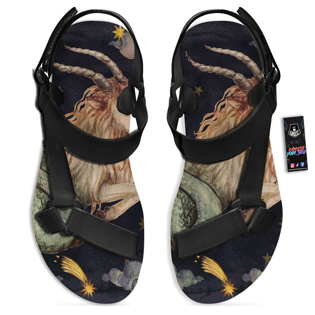 Zodiac Sign Watercolor Capricorn Print Black Open Toe Sandals-grizzshop