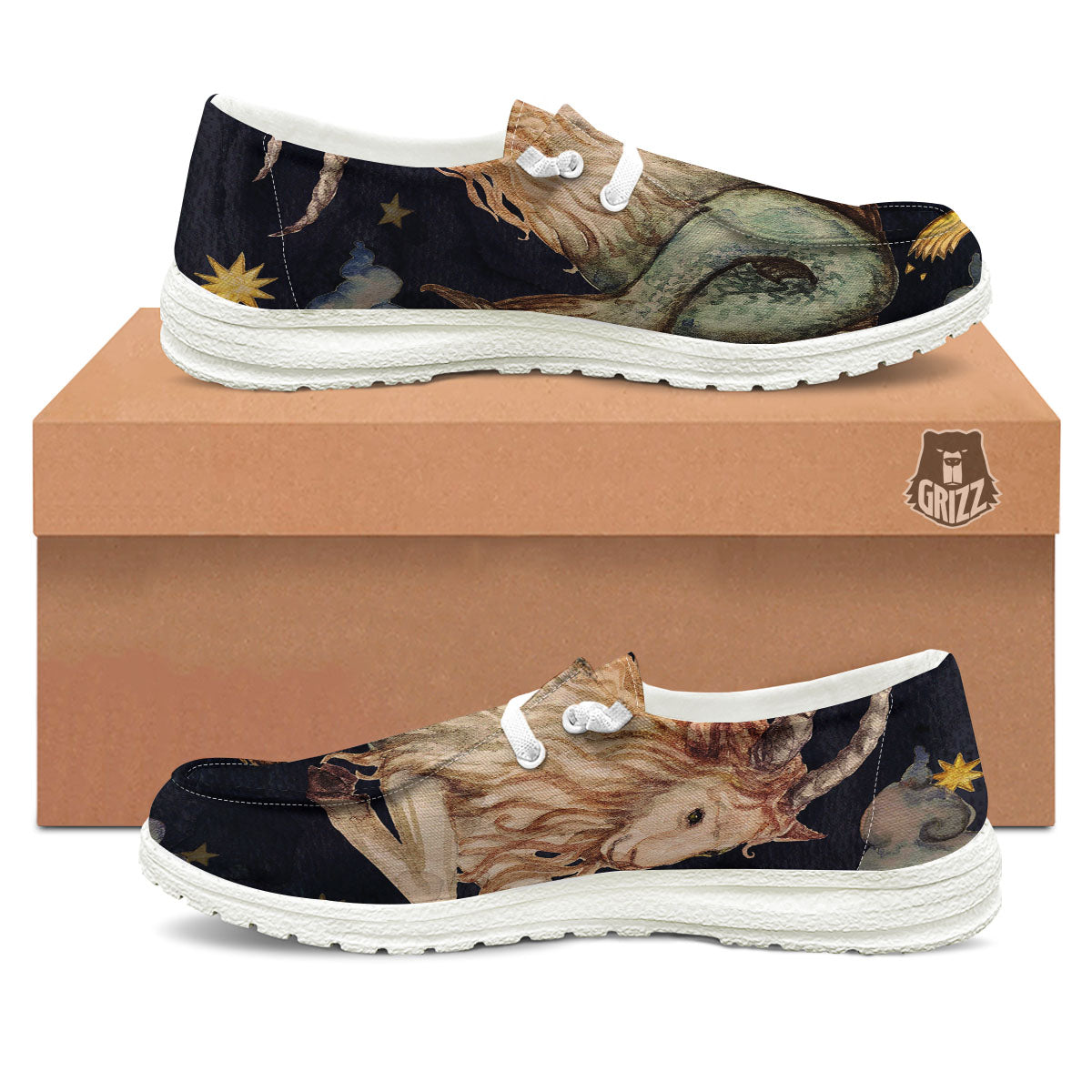 Zodiac Sign Watercolor Capricorn Print White Loafers-grizzshop