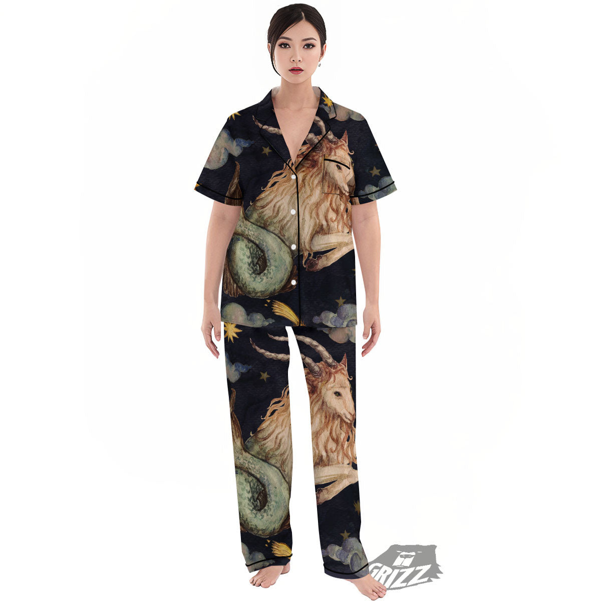 Zodiac Sign Watercolor Capricorn Print Women's Pajamas Set-grizzshop