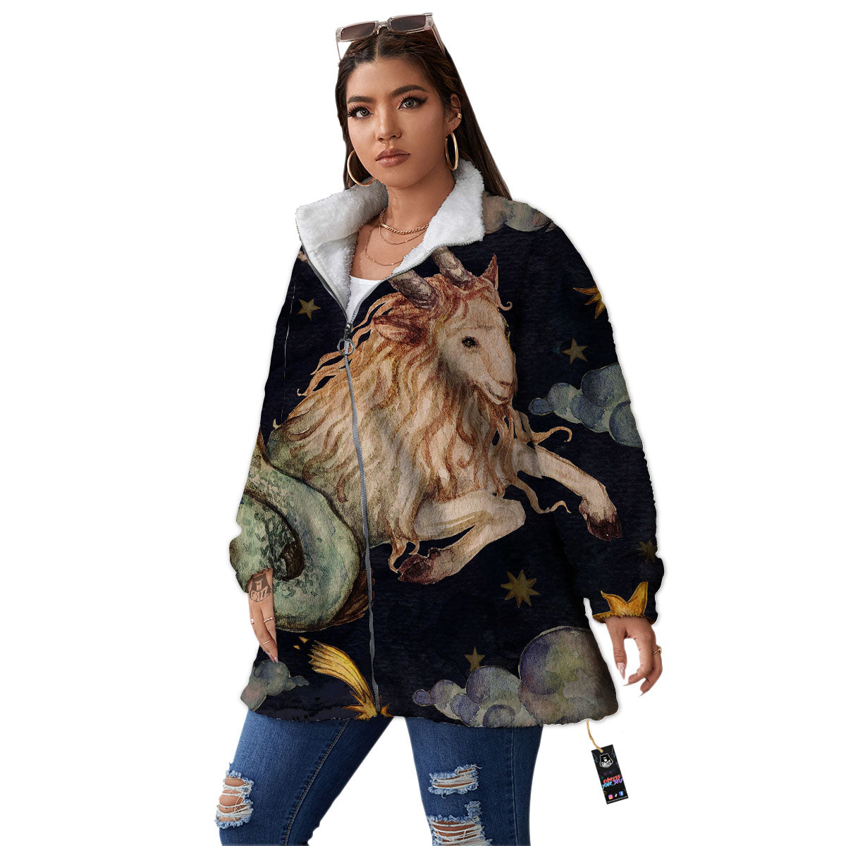 Zodiac Sign Watercolor Capricorn Print Women's Sherpa Jacket-grizzshop