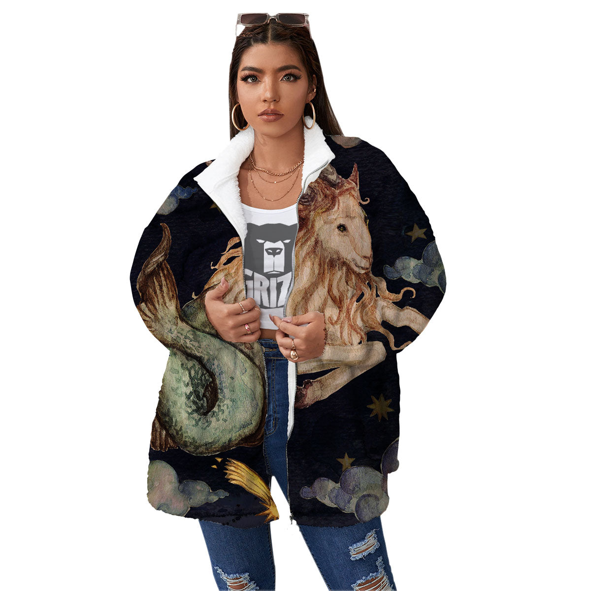 Zodiac Sign Watercolor Capricorn Print Women's Sherpa Jacket-grizzshop
