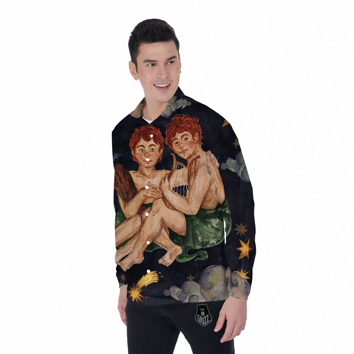 Zodiac Sign Watercolor Gemini Print Men's Long Sleeve Shirts-grizzshop