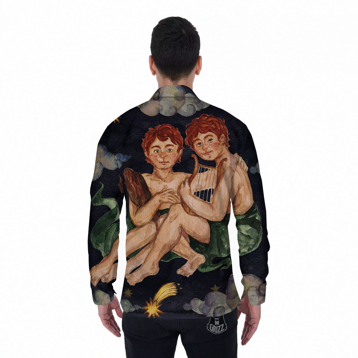 Zodiac Sign Watercolor Gemini Print Men's Long Sleeve Shirts-grizzshop