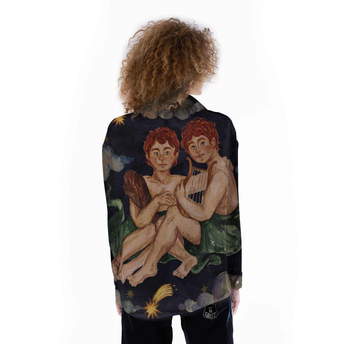 Zodiac Sign Watercolor Gemini Print Women's Long Sleeve Shirts-grizzshop