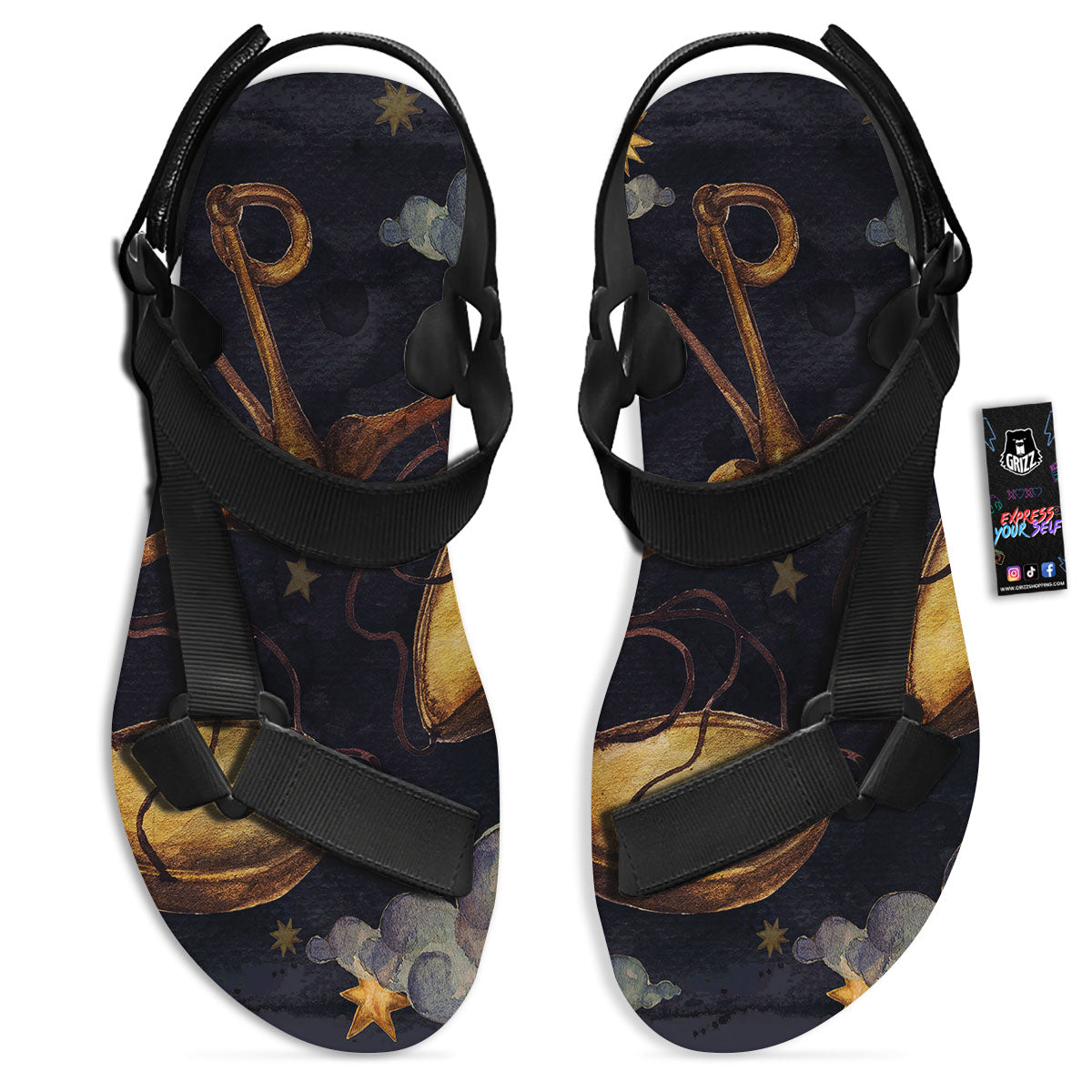 Zodiac Sign Watercolor Libra Print Black Open Toe Sandals-grizzshop