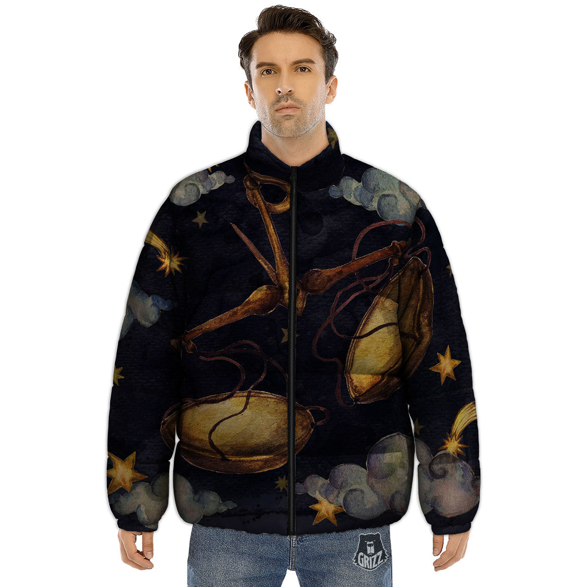Zodiac Sign Watercolor Libra Print Puffer Jacket-grizzshop