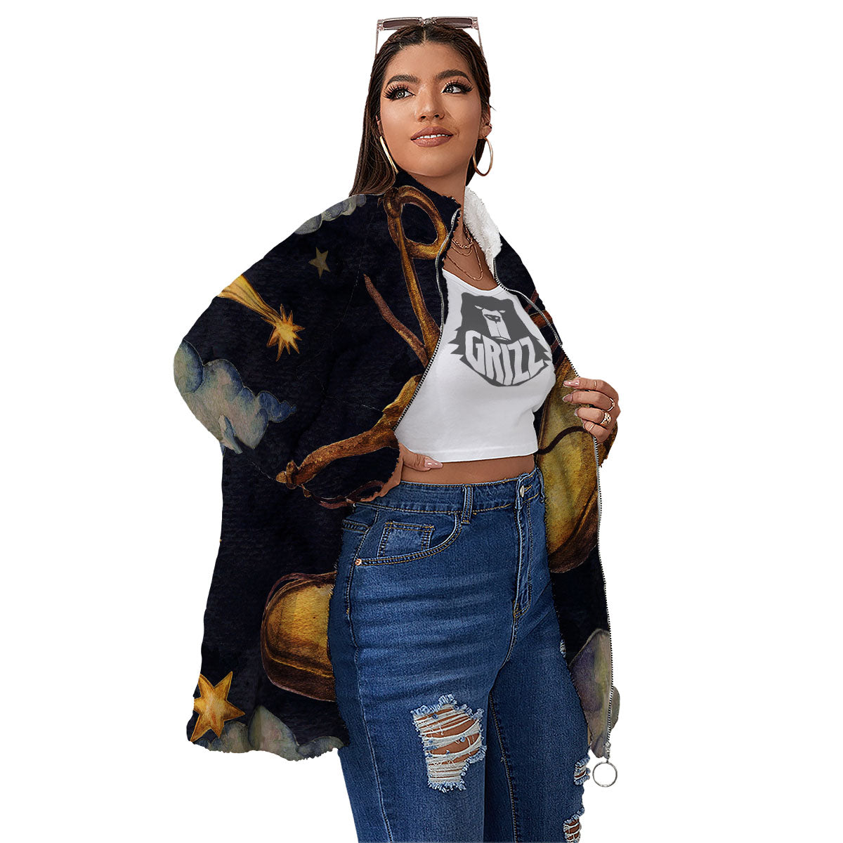 Zodiac Sign Watercolor Libra Print Women's Sherpa Jacket-grizzshop
