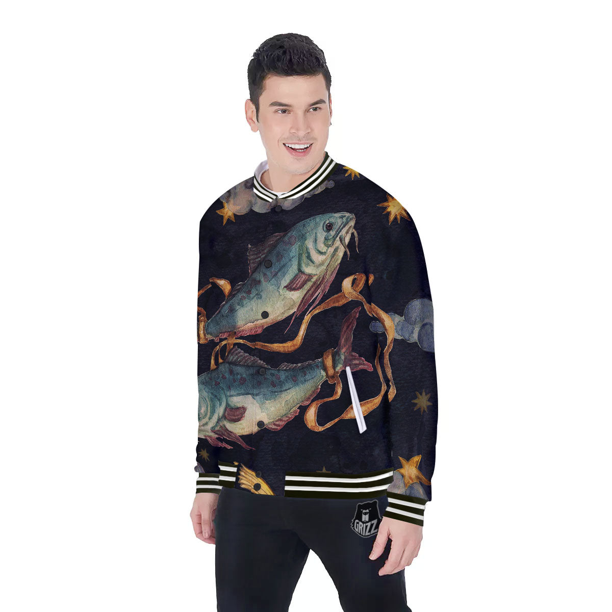 Zodiac Sign Watercolor Pisces Print Baseball Jacket-grizzshop