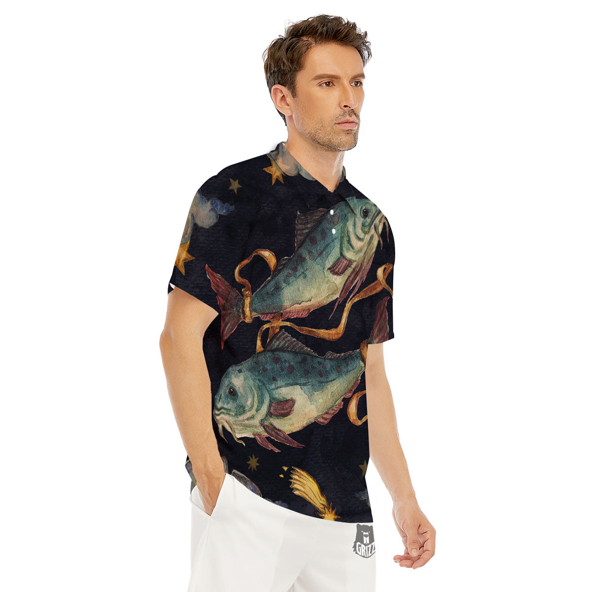 Zodiac Sign Watercolor Pisces Print Men's Golf Shirts-grizzshop