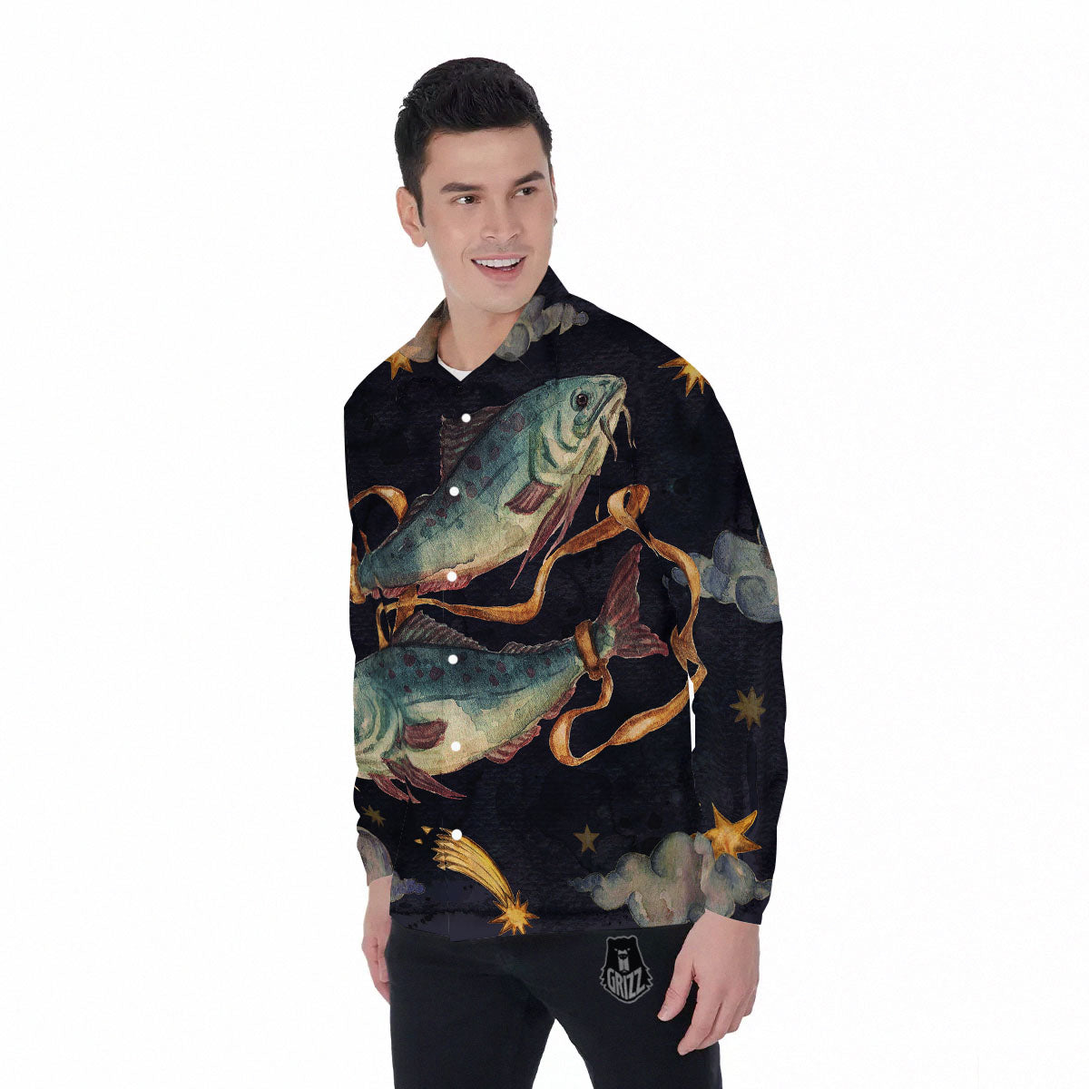 Zodiac Sign Watercolor Pisces Print Men's Long Sleeve Shirts-grizzshop