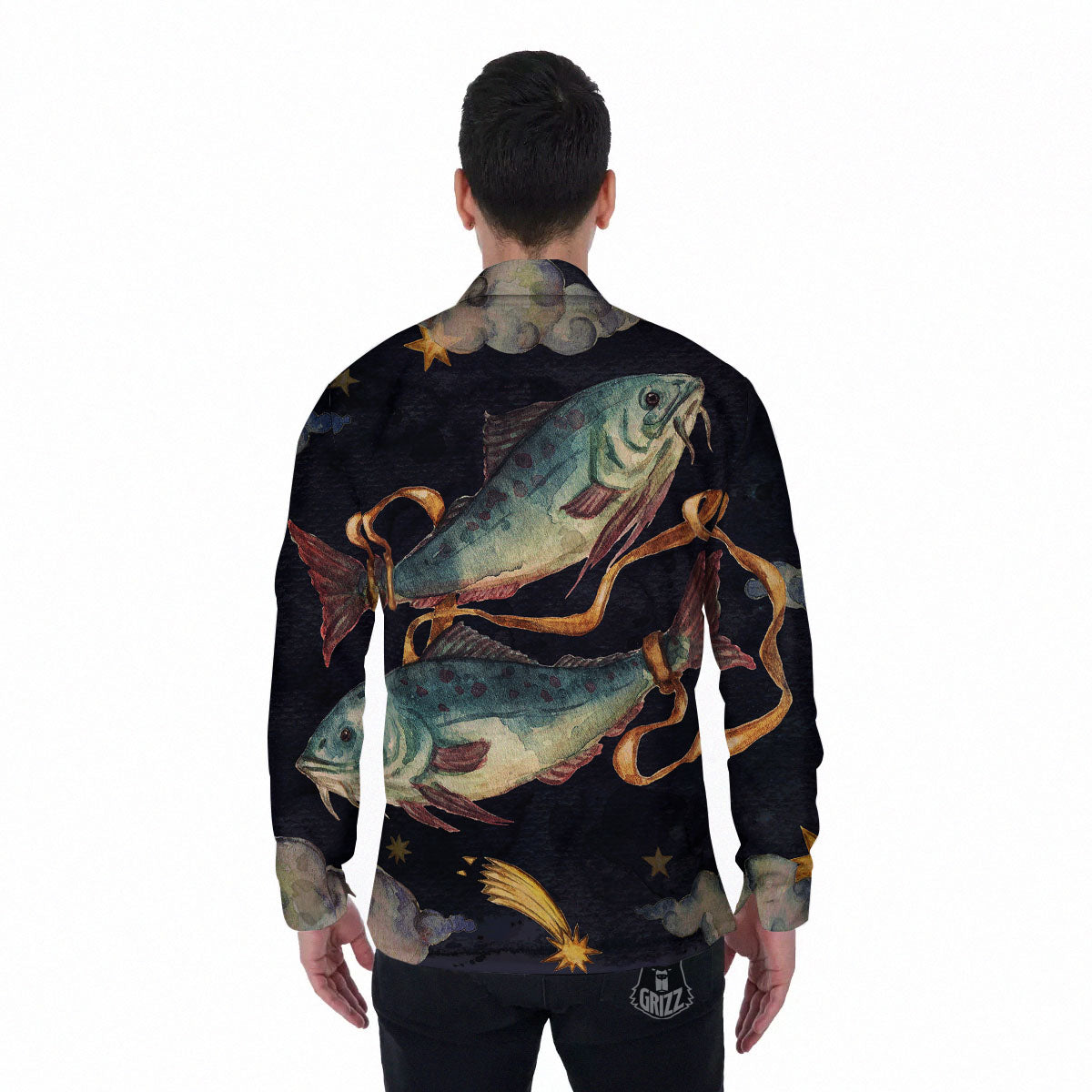 Zodiac Sign Watercolor Pisces Print Men's Long Sleeve Shirts-grizzshop