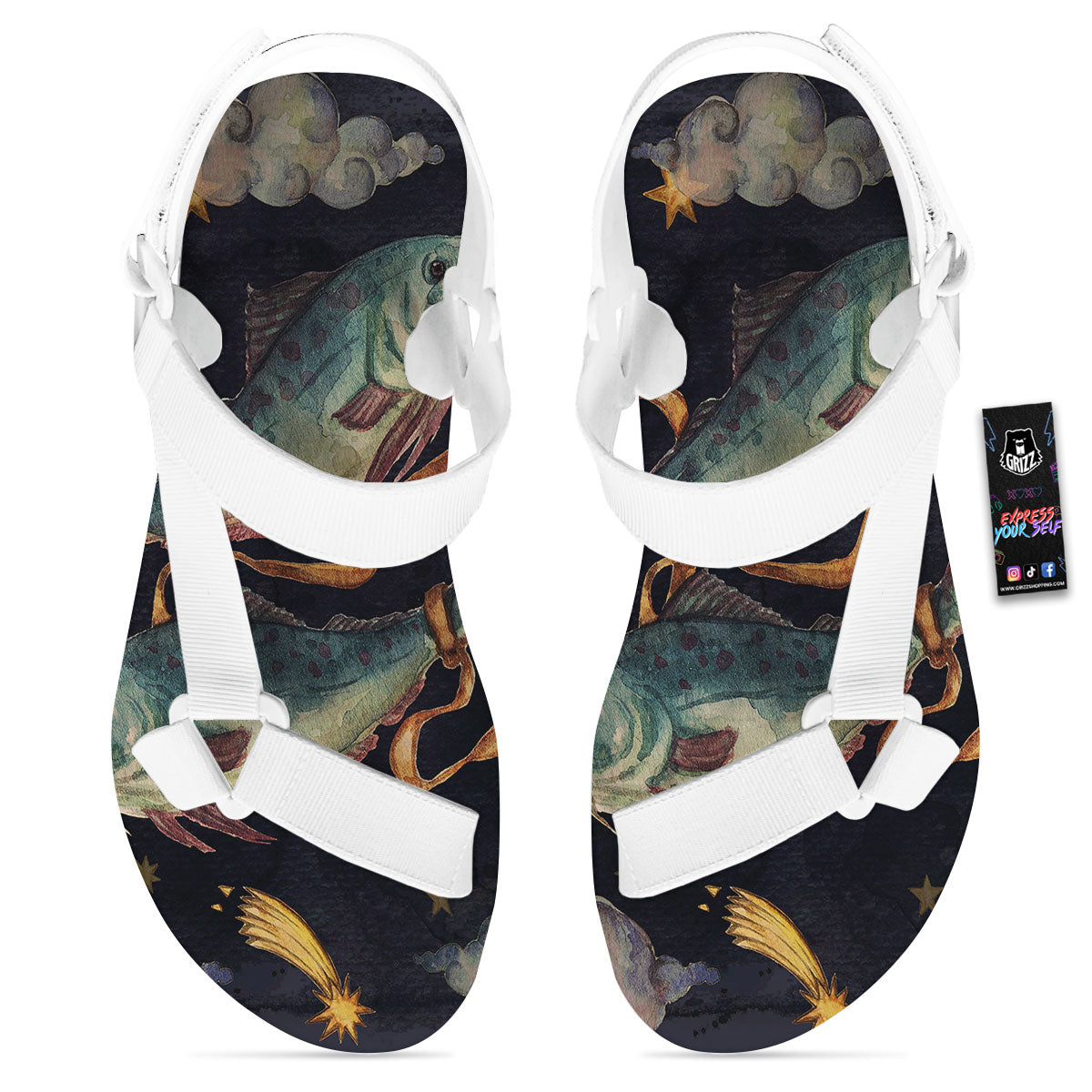 Zodiac Sign Watercolor Pisces Print White Open Toe Sandals-grizzshop