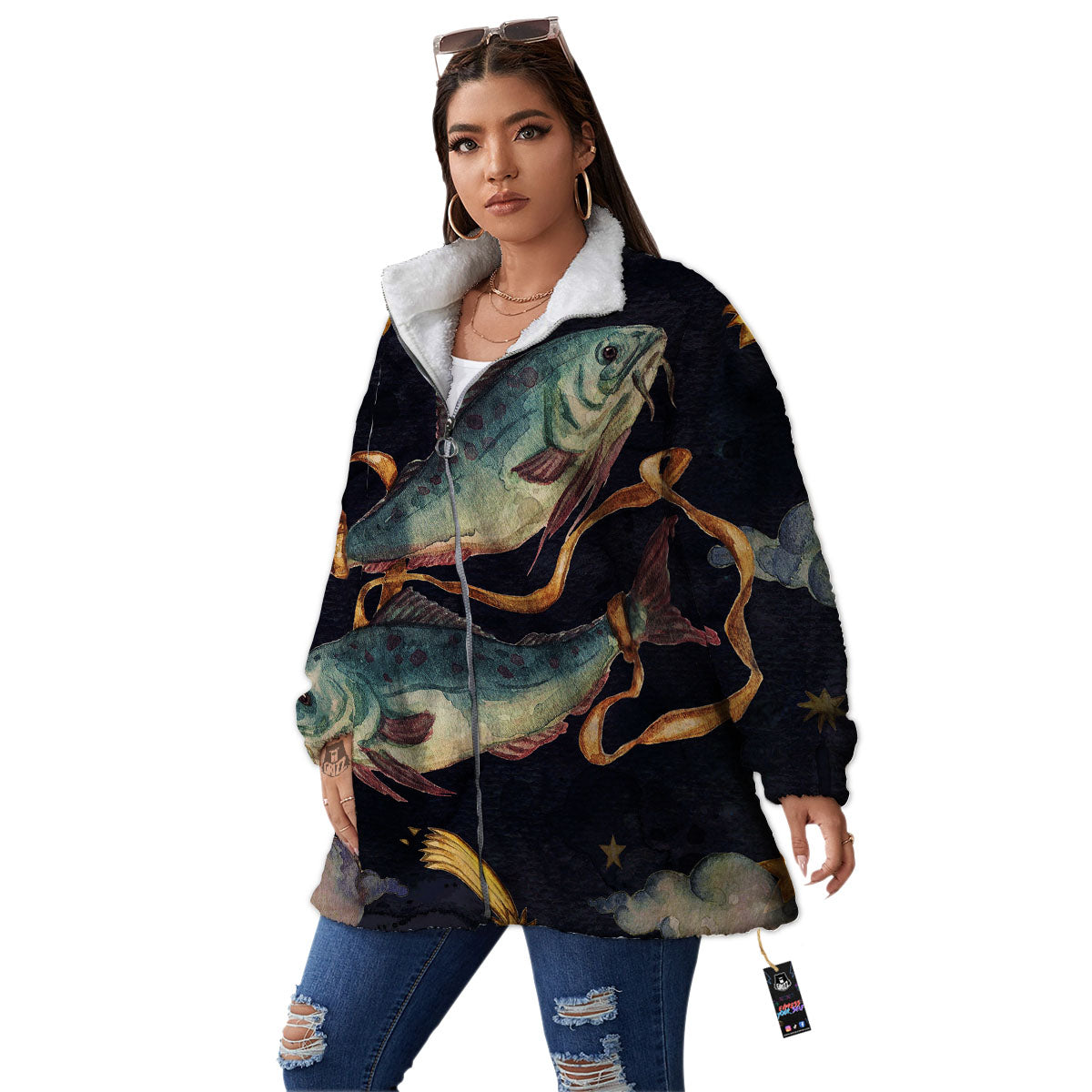 Zodiac Sign Watercolor Pisces Print Women's Sherpa Jacket-grizzshop
