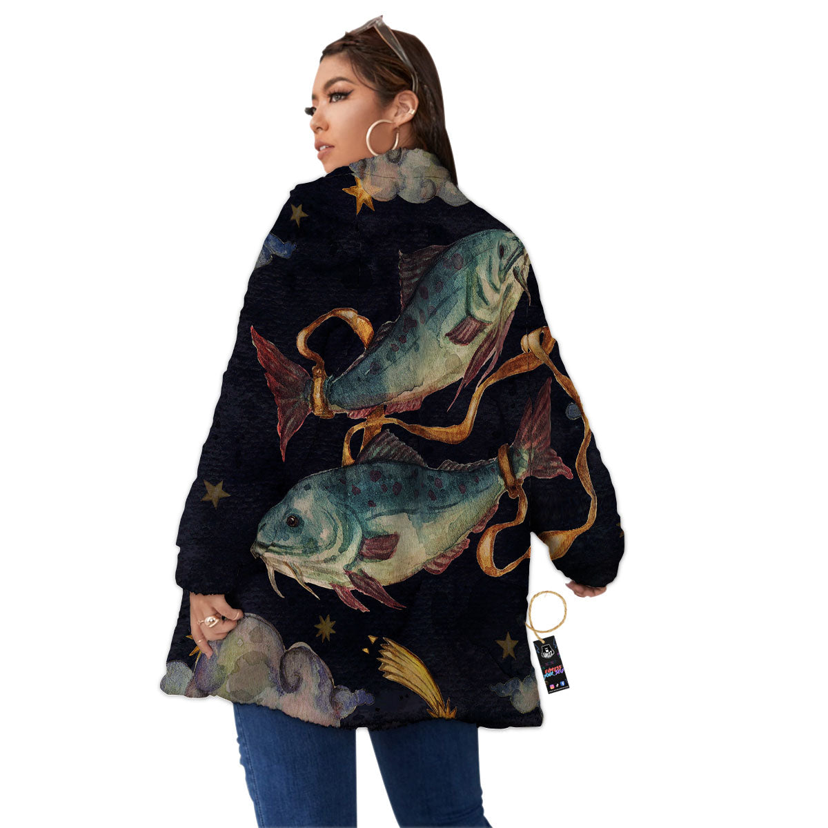 Zodiac Sign Watercolor Pisces Print Women's Sherpa Jacket-grizzshop