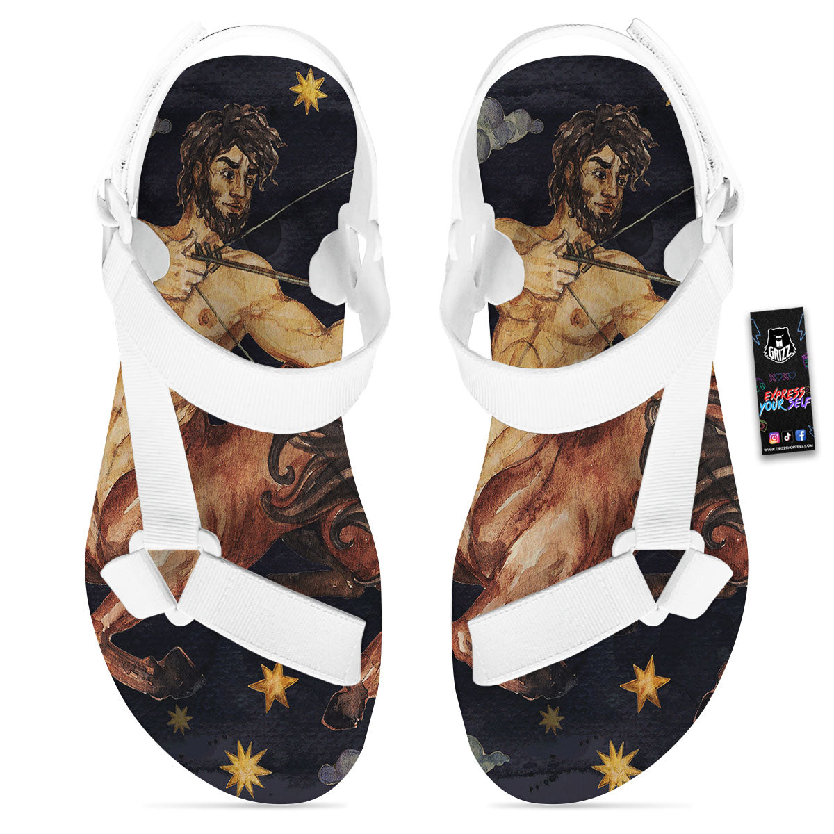 Zodiac Sign Watercolor Sagittarius Print White Open Toe Sandals-grizzshop