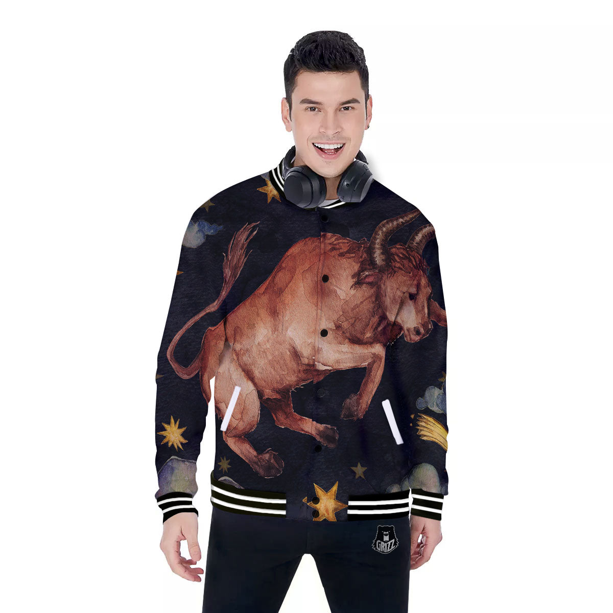 Zodiac Sign Watercolor Taurus Print Baseball Jacket-grizzshop