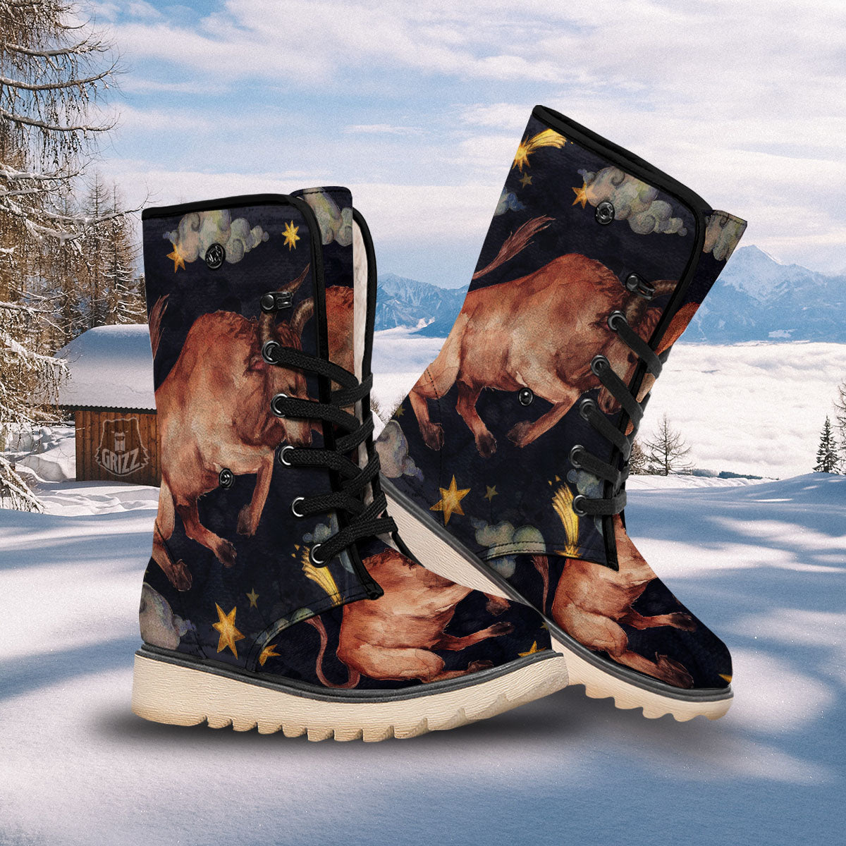 Zodiac Sign Watercolor Taurus Print Snow Boots-grizzshop