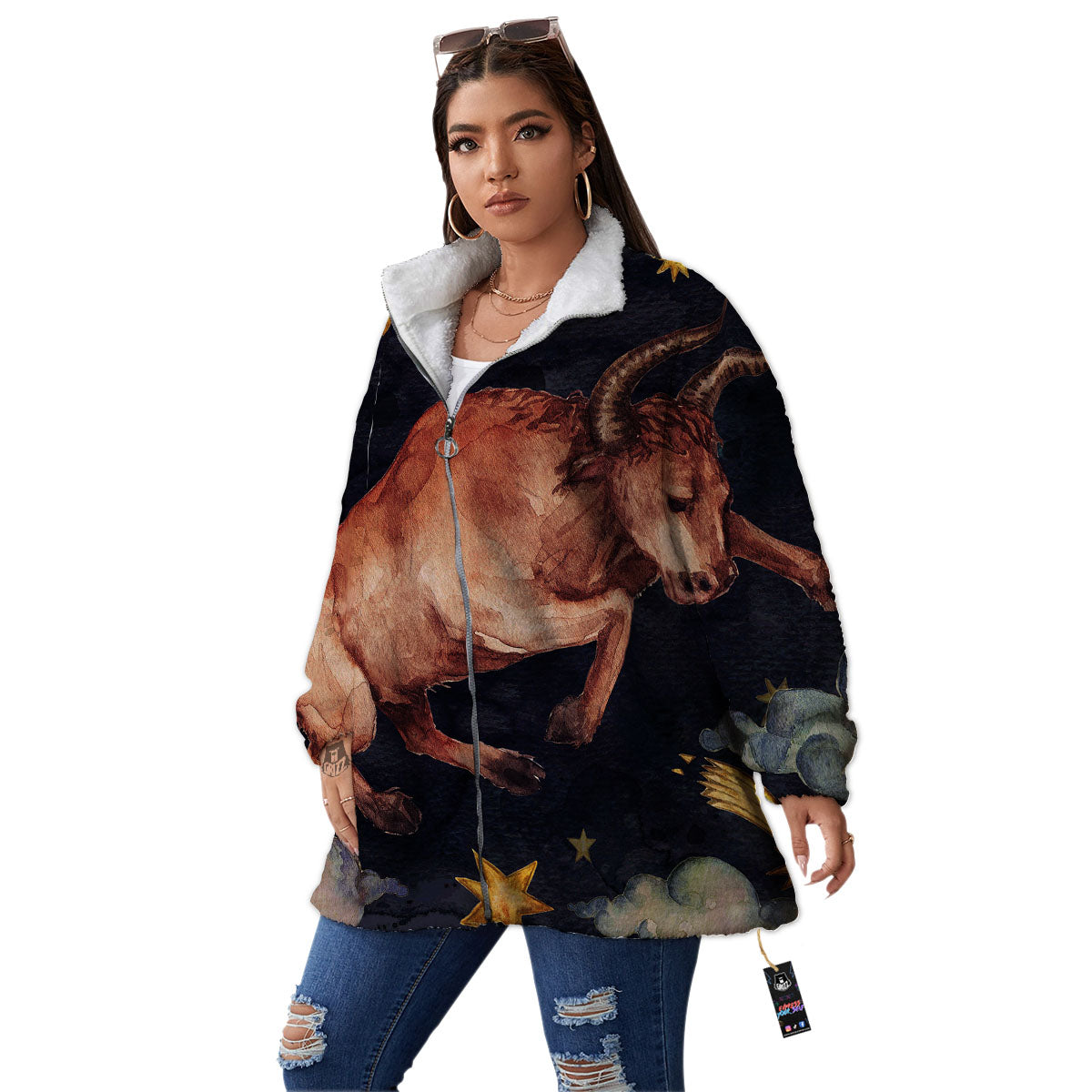 Zodiac Sign Watercolor Taurus Print Women's Sherpa Jacket-grizzshop