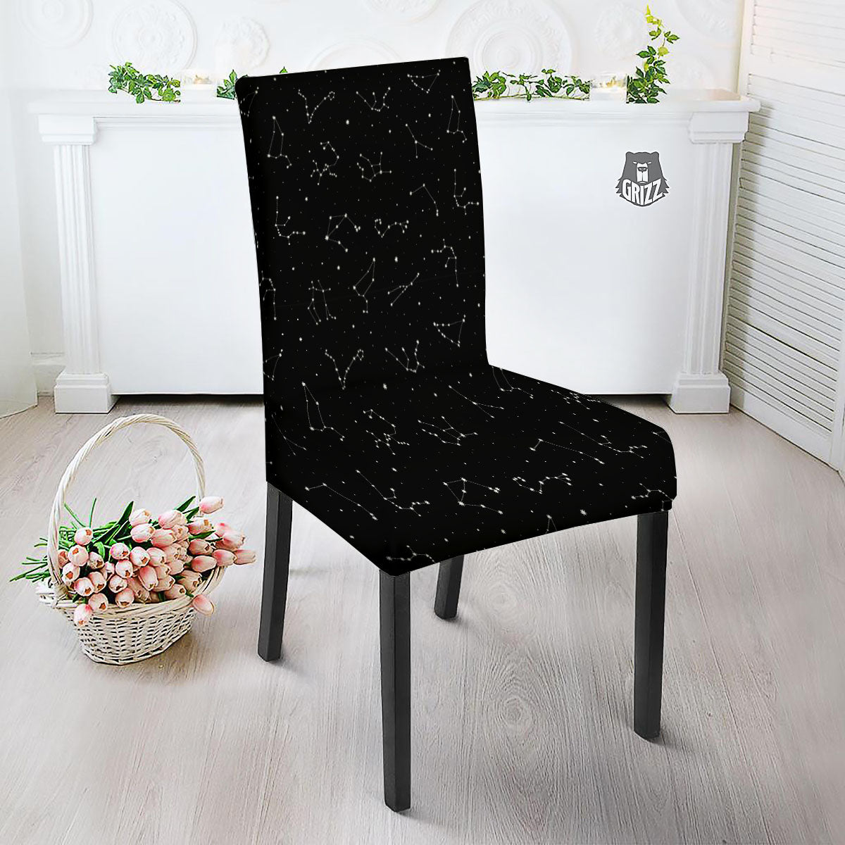 Zodiac Stars White And Black Print Dining Chair Slipcover-grizzshop