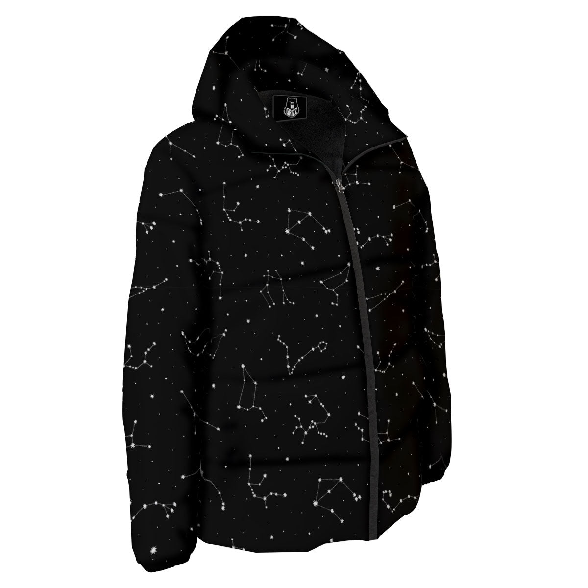 Zodiac Stars White And Black Print Down Jacket-grizzshop