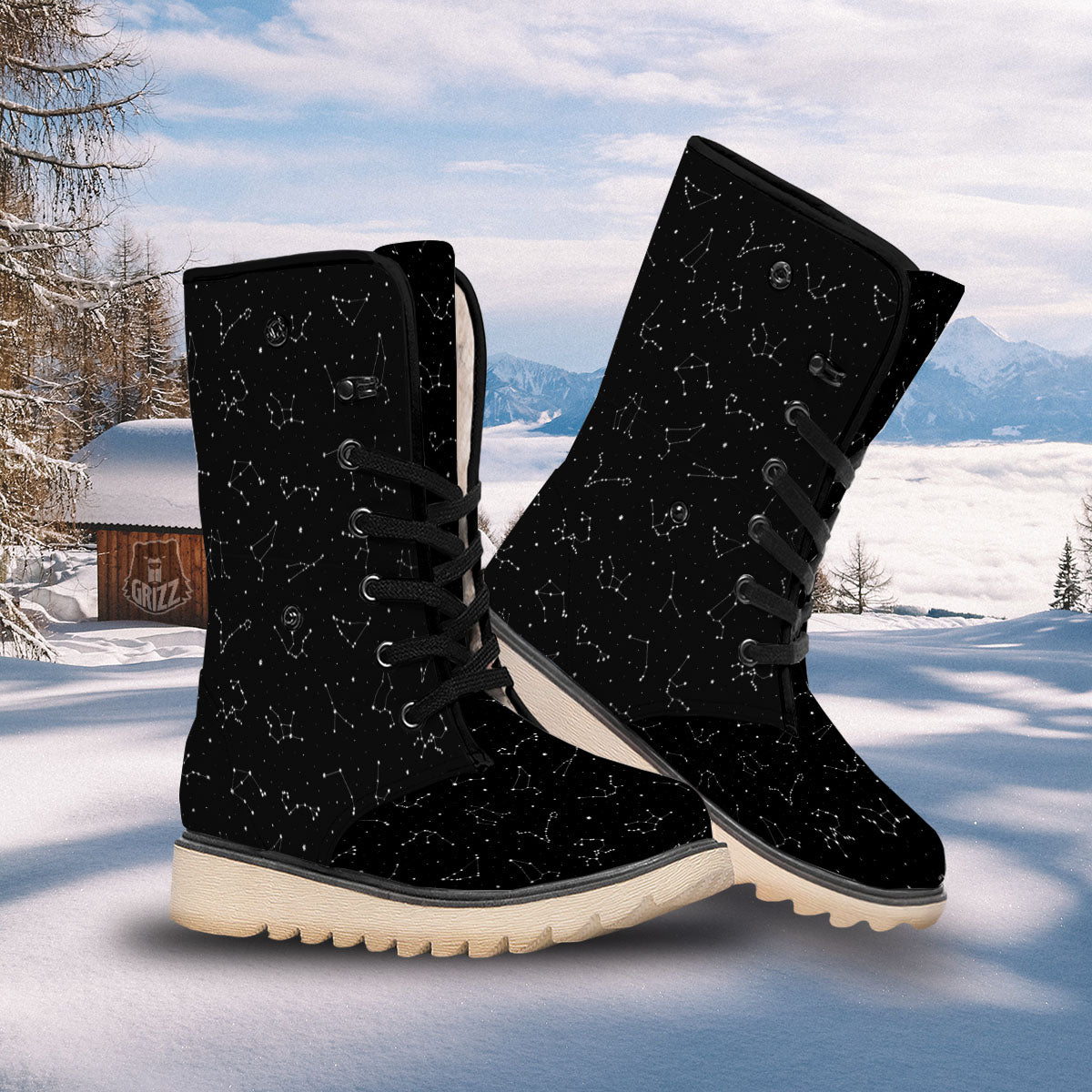 Zodiac Stars White And Black Print Snow Boots-grizzshop