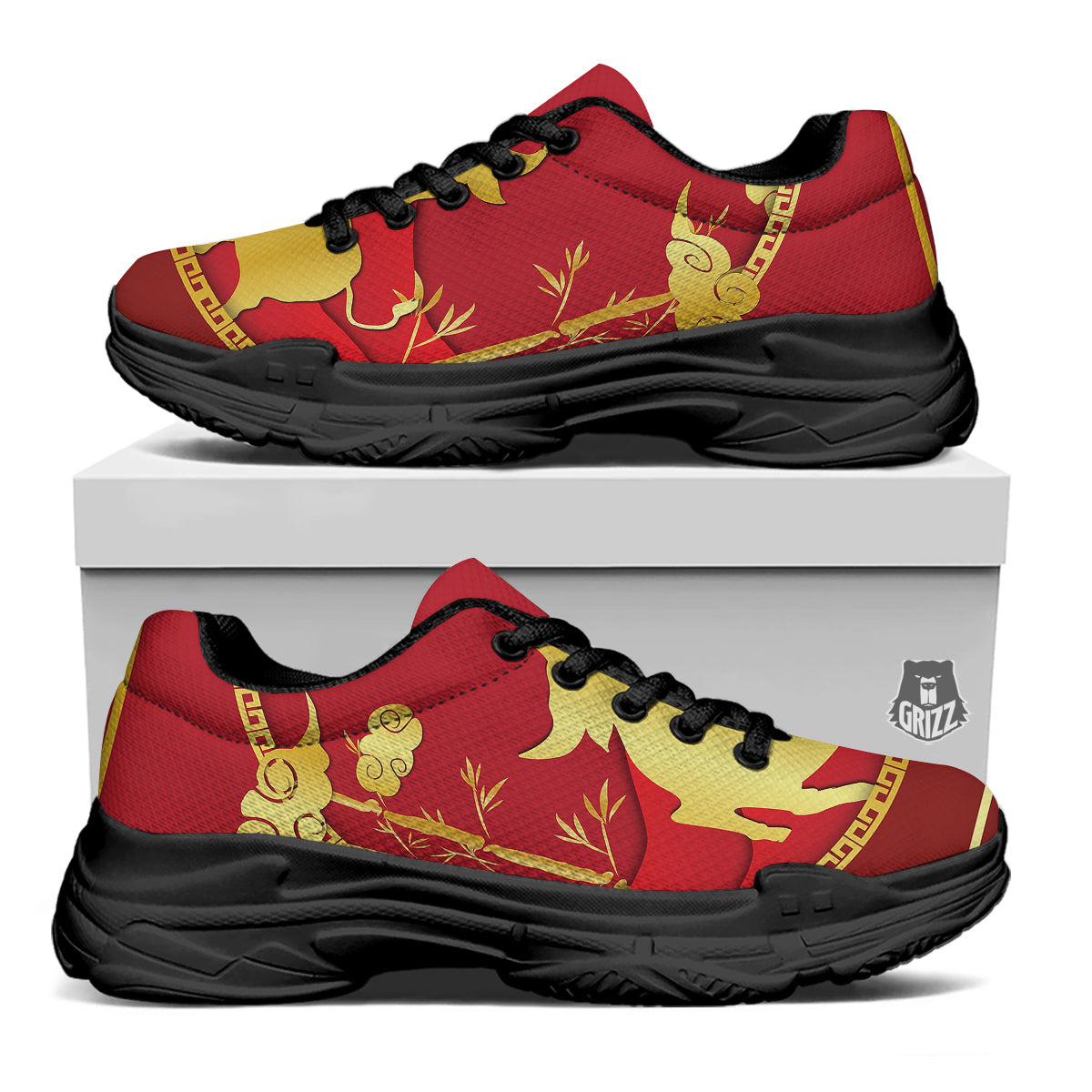 Zodiac Symbol Chinese Ox Print Black Chunky Shoes-grizzshop