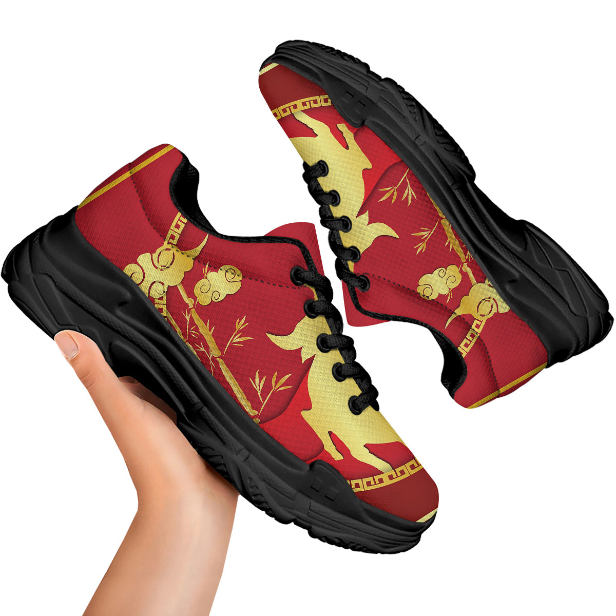 Zodiac Symbol Chinese Ox Print Black Chunky Shoes-grizzshop