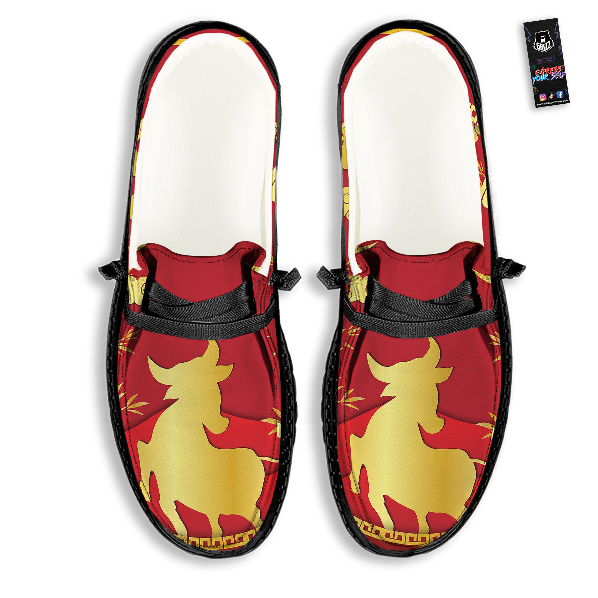Zodiac Symbol Chinese Ox Print Black Loafers-grizzshop