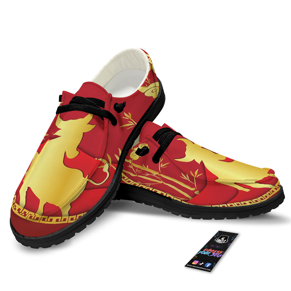 Zodiac Symbol Chinese Ox Print Black Loafers-grizzshop