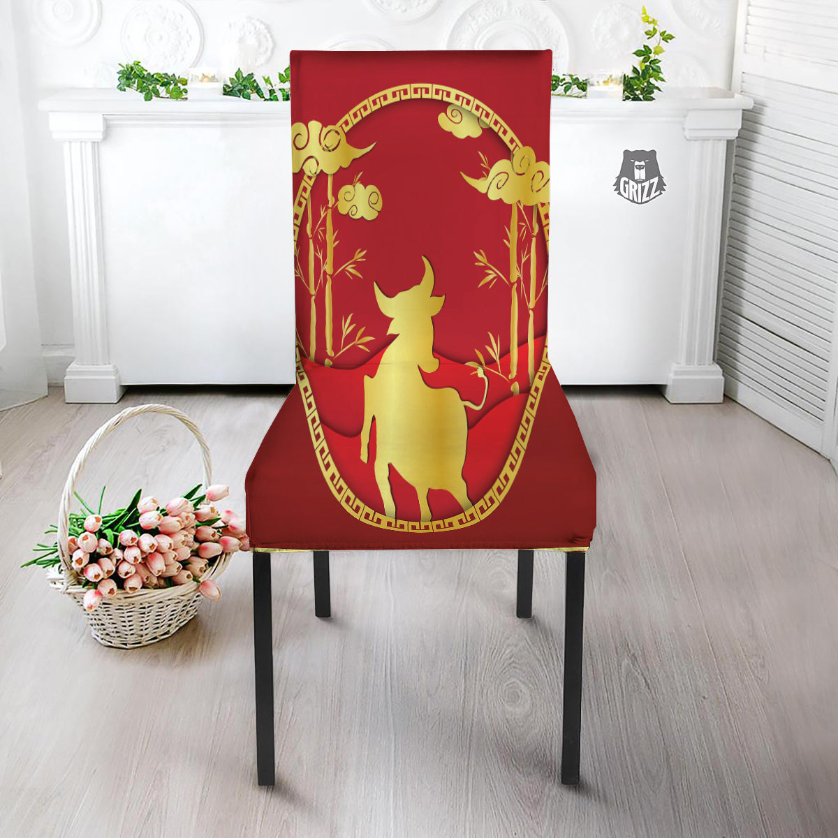 Zodiac Symbol Chinese Ox Print Dining Chair Slipcover-grizzshop