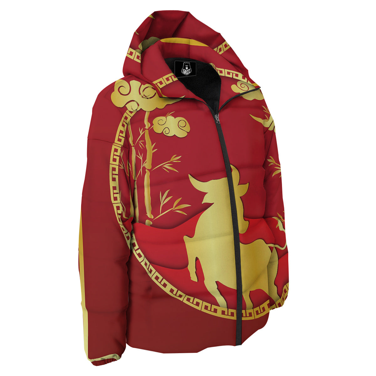 Zodiac Symbol Chinese Ox Print Down Jacket-grizzshop