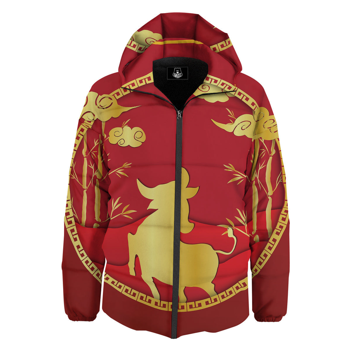 Zodiac Symbol Chinese Ox Print Down Jacket-grizzshop