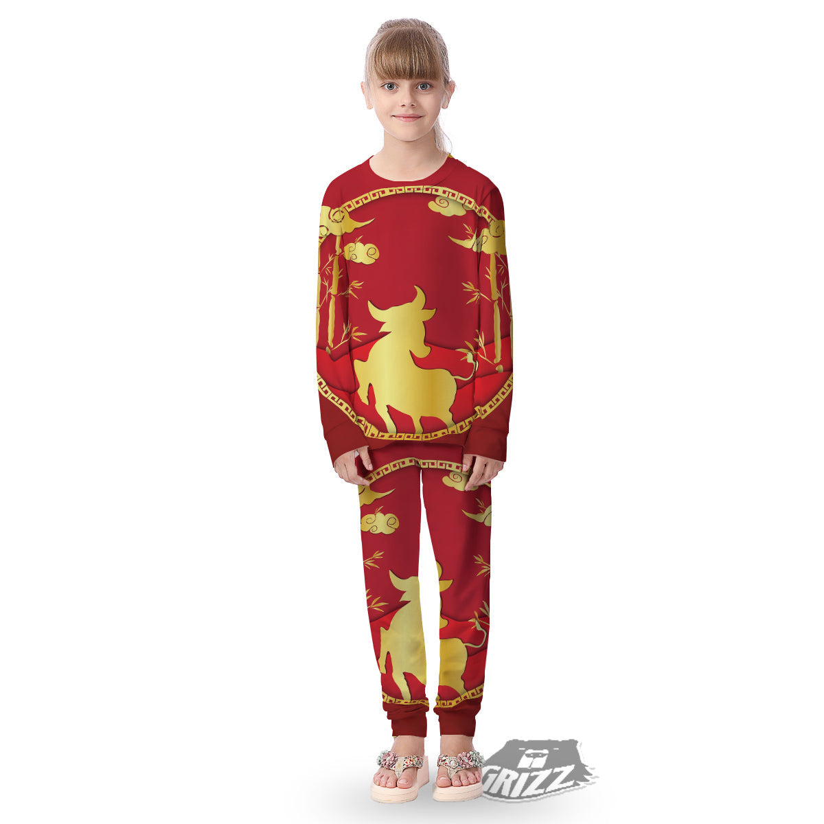 Zodiac Symbol Chinese Ox Print Kid's Pajamas-grizzshop