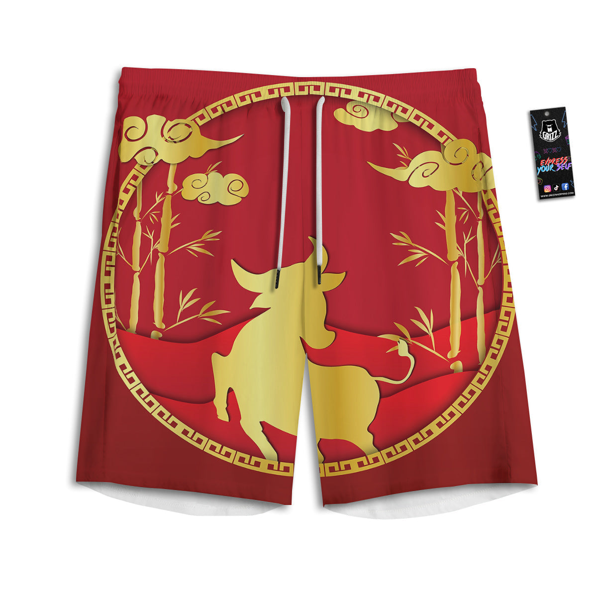 Zodiac Symbol Chinese Ox Print Men's Athletic Shorts