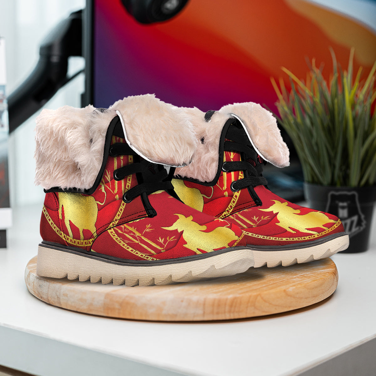 Zodiac Symbol Chinese Ox Print Snow Boots-grizzshop