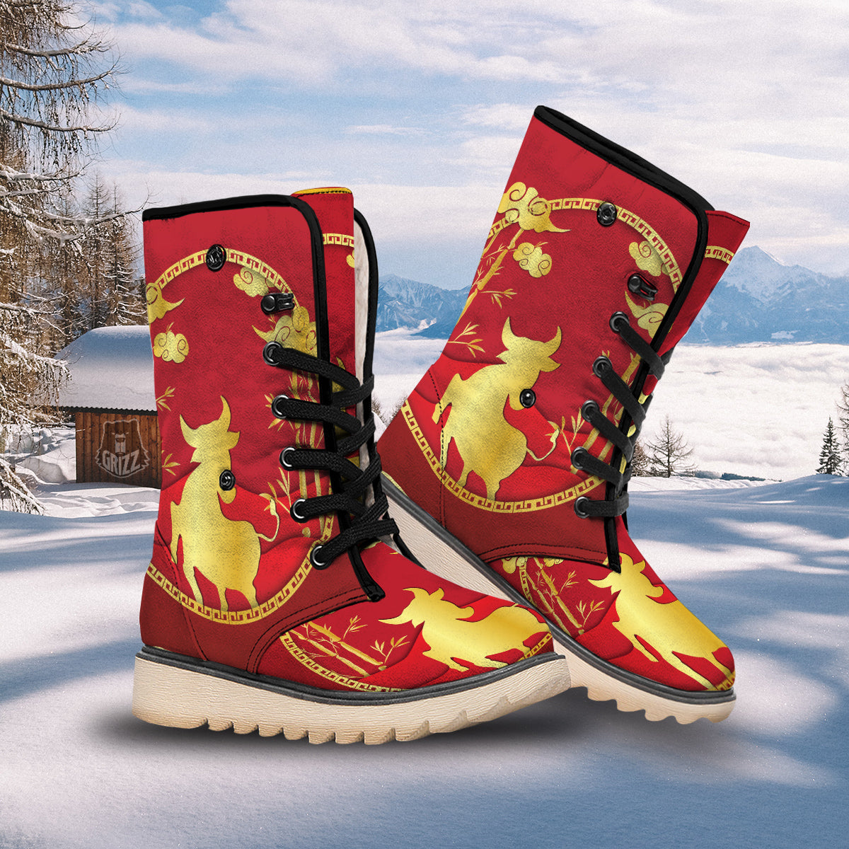 Zodiac Symbol Chinese Ox Print Snow Boots-grizzshop