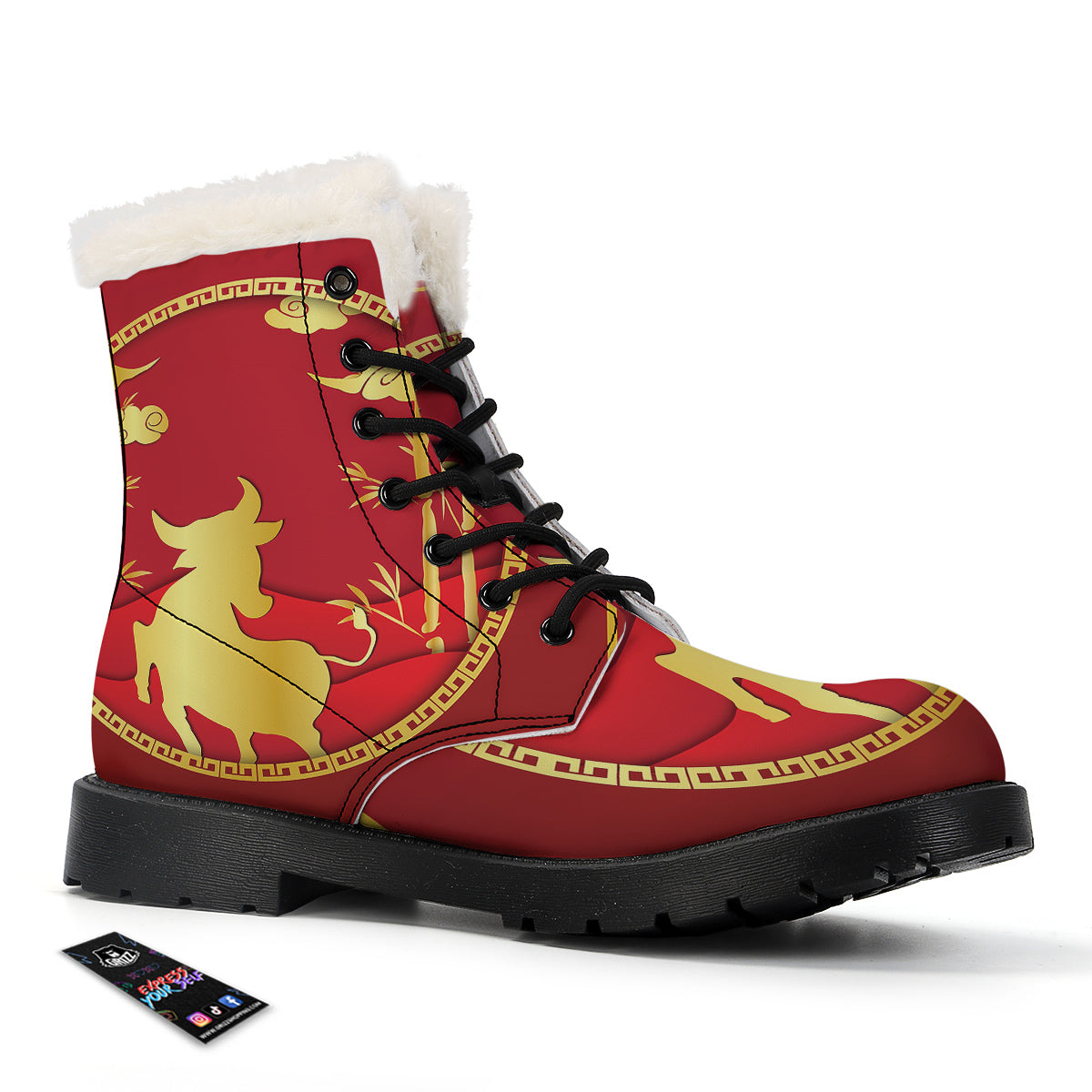 Zodiac Symbol Chinese Ox Print Winter Boots-grizzshop