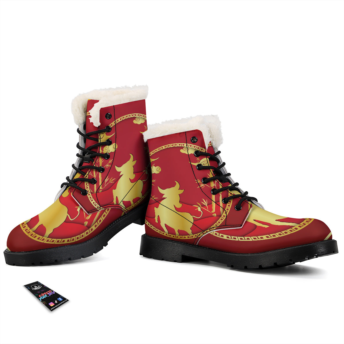 Zodiac Symbol Chinese Ox Print Winter Boots-grizzshop