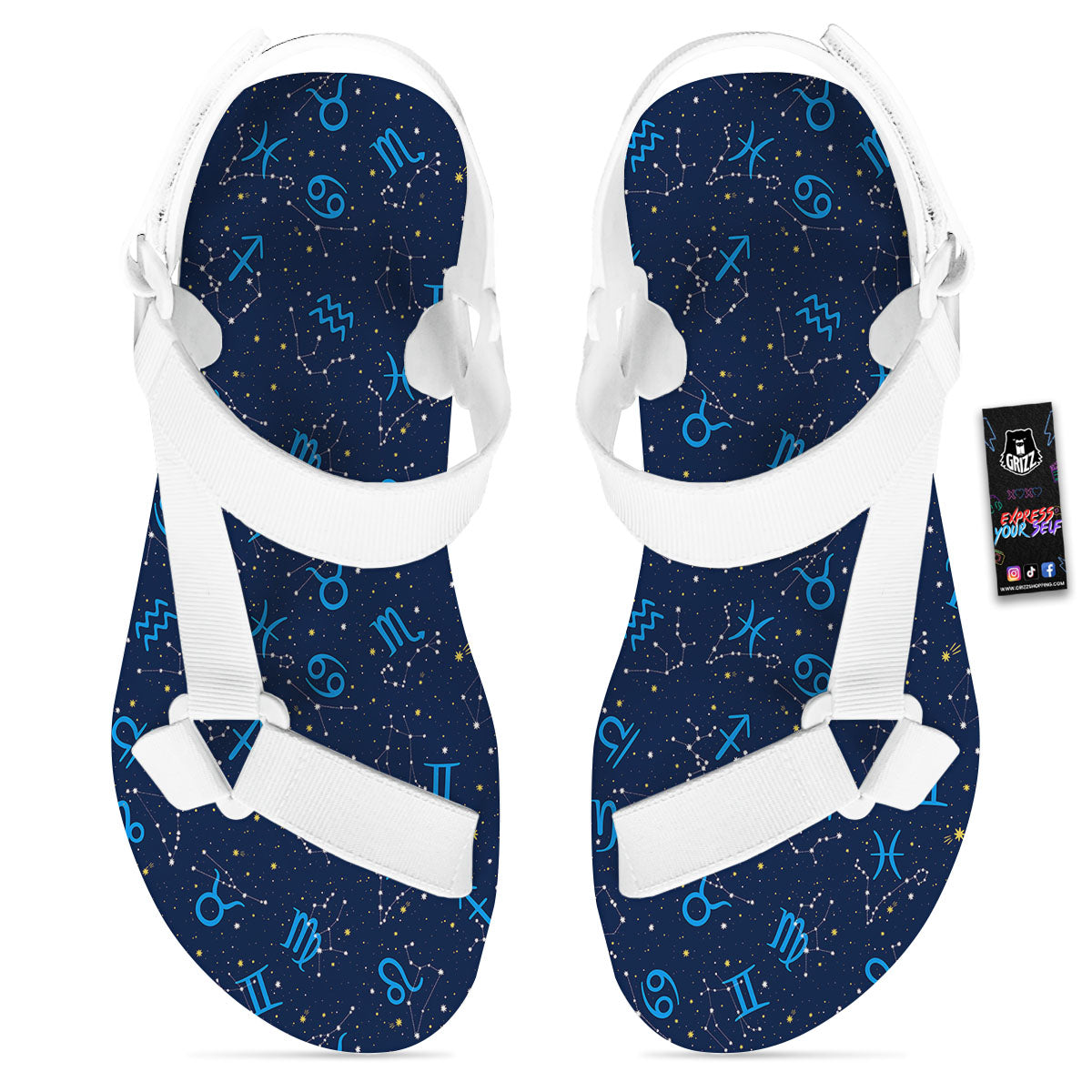 Zodiac Symbols Blue Print Pattern White Open Toe Sandals-grizzshop