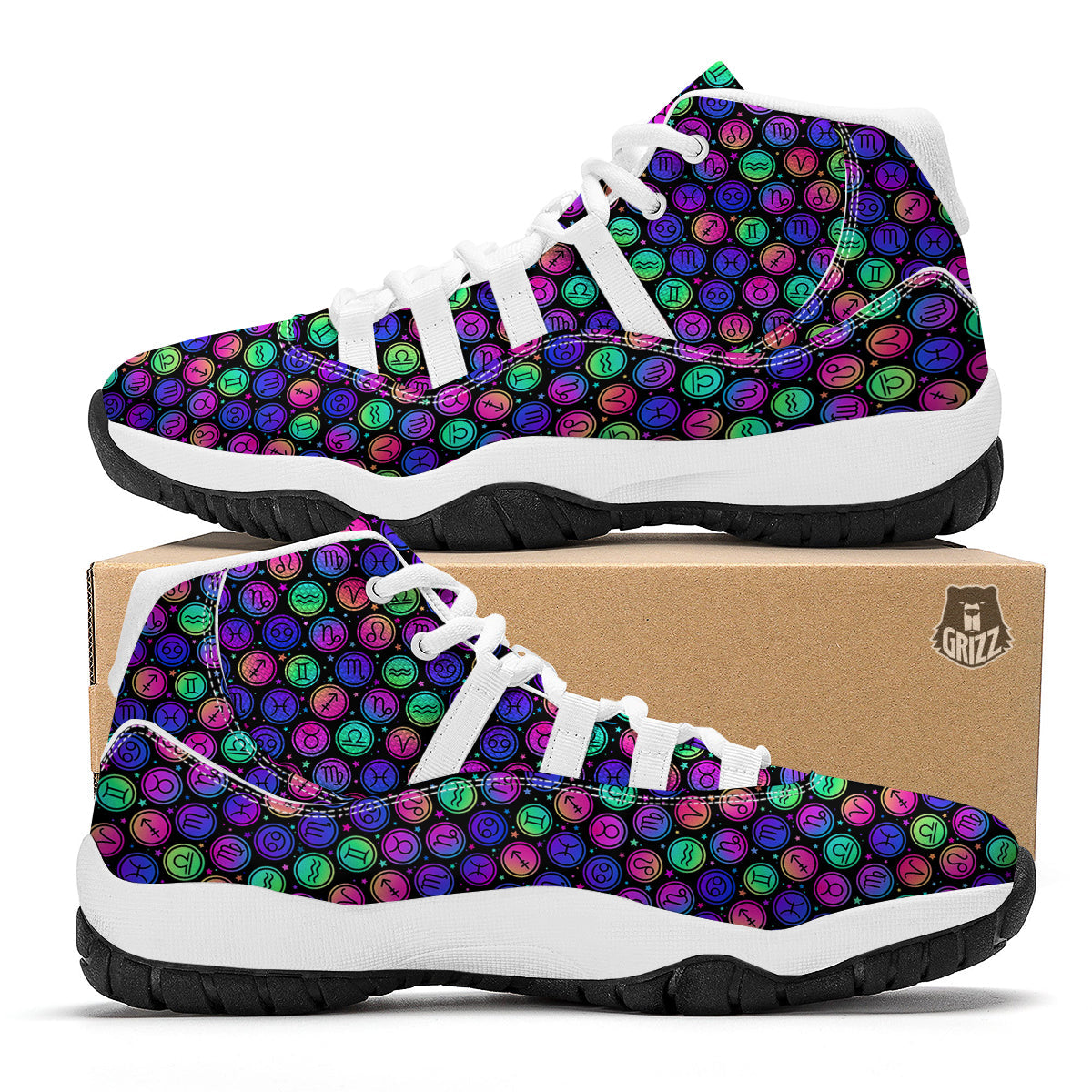 Zodiac Symbols Colorful Print Pattern White Bball Shoes-grizzshop