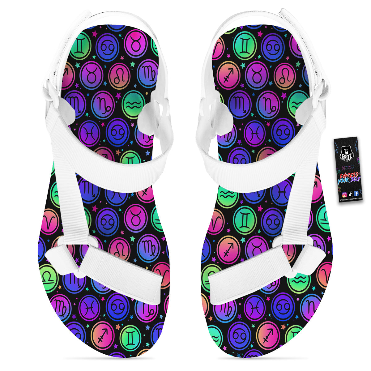 Zodiac Symbols Colorful Print Pattern White Open Toe Sandals-grizzshop
