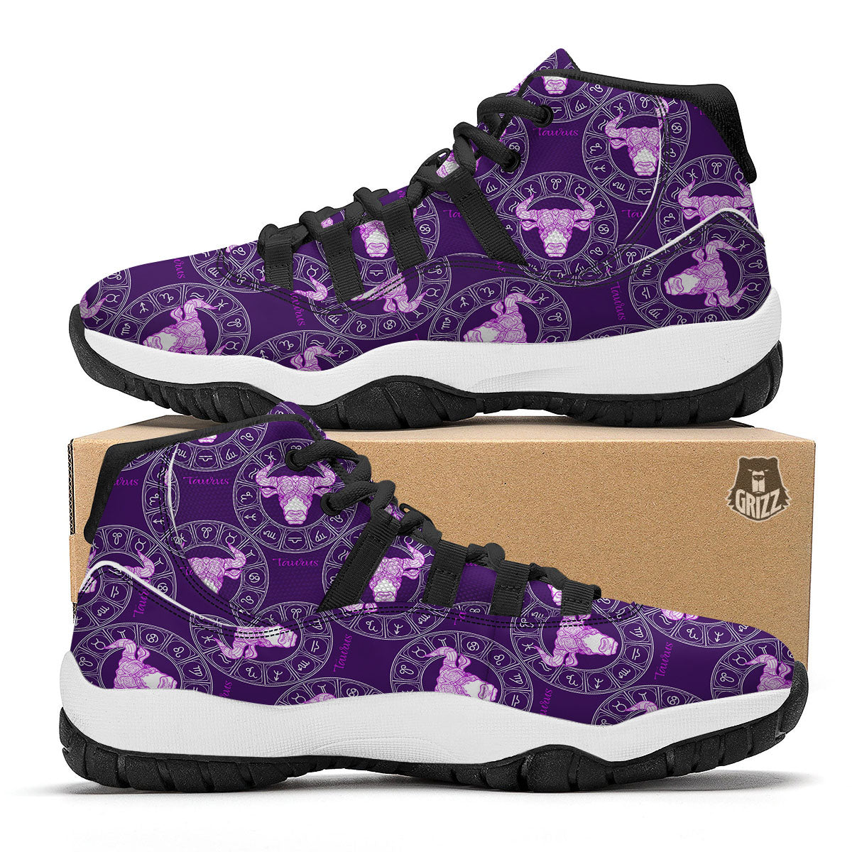 Zodiac Taurus Purple Print Pattern Black Bball Shoes-grizzshop