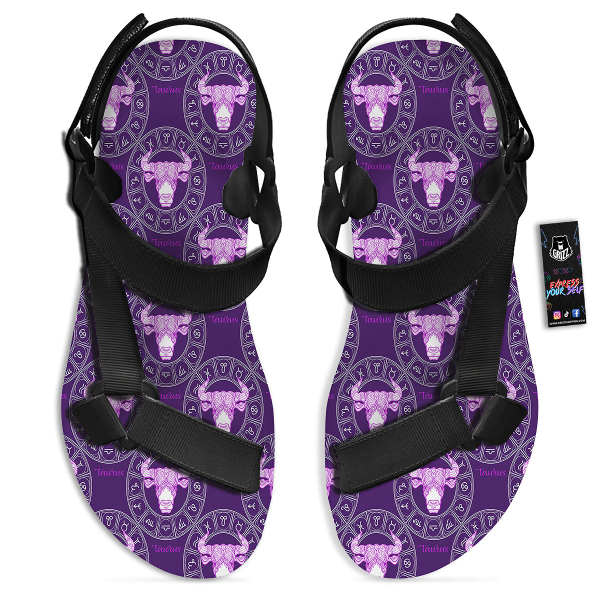 Zodiac Taurus Purple Print Pattern Black Open Toe Sandals-grizzshop