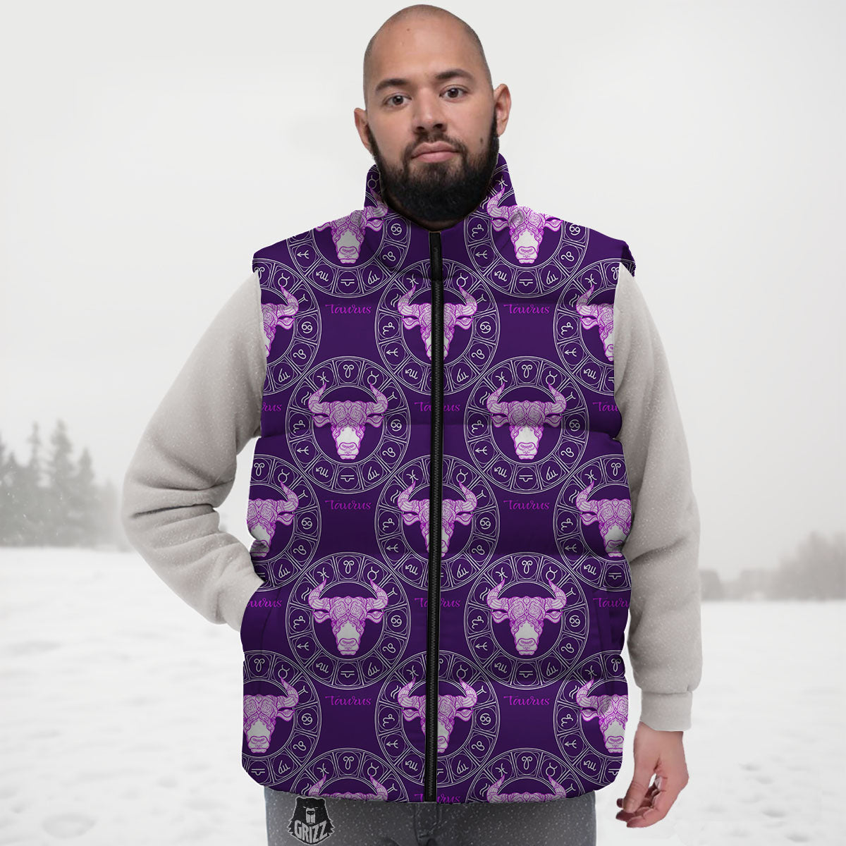 Zodiac Taurus Purple Print Pattern Down Vest-grizzshop