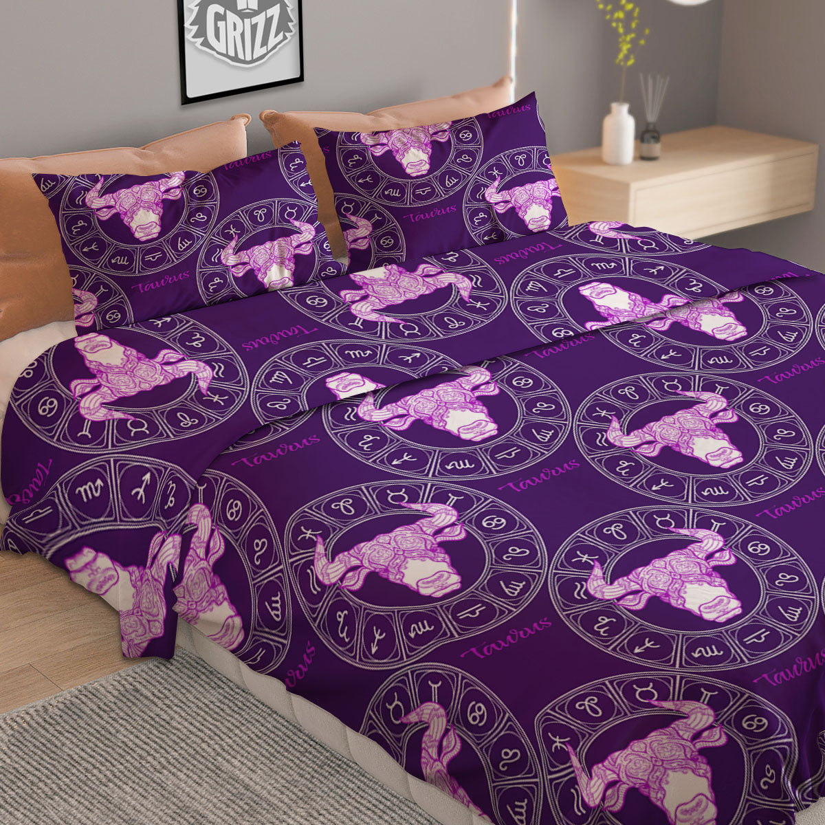 Zodiac Taurus Purple Print Pattern Duvet Cover Bedding Set
