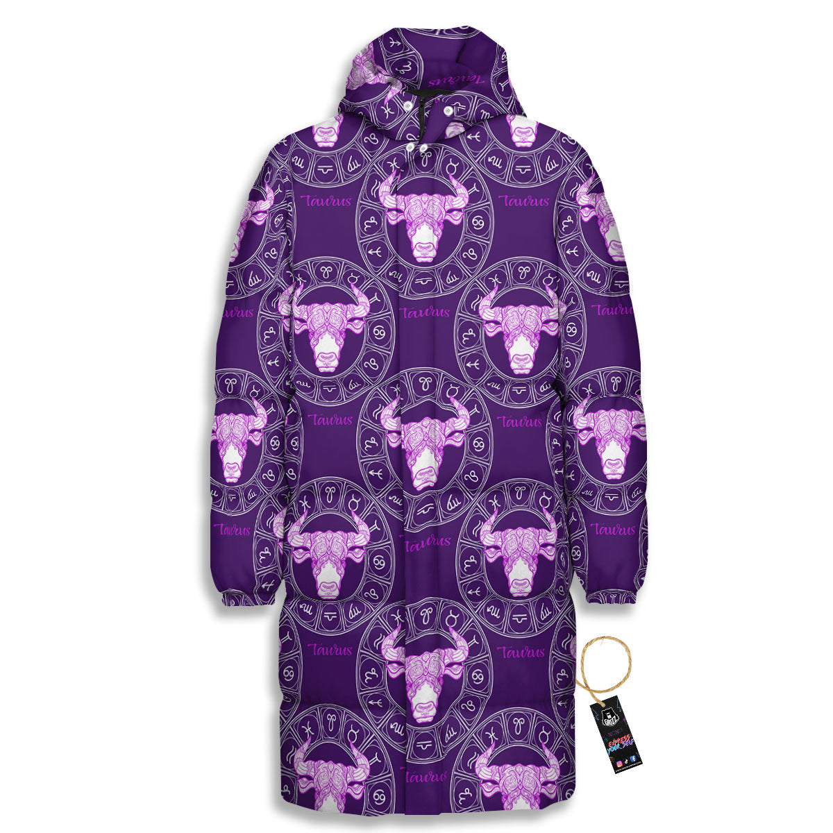 Zodiac Taurus Purple Print Pattern Long Down Jacket-grizzshop