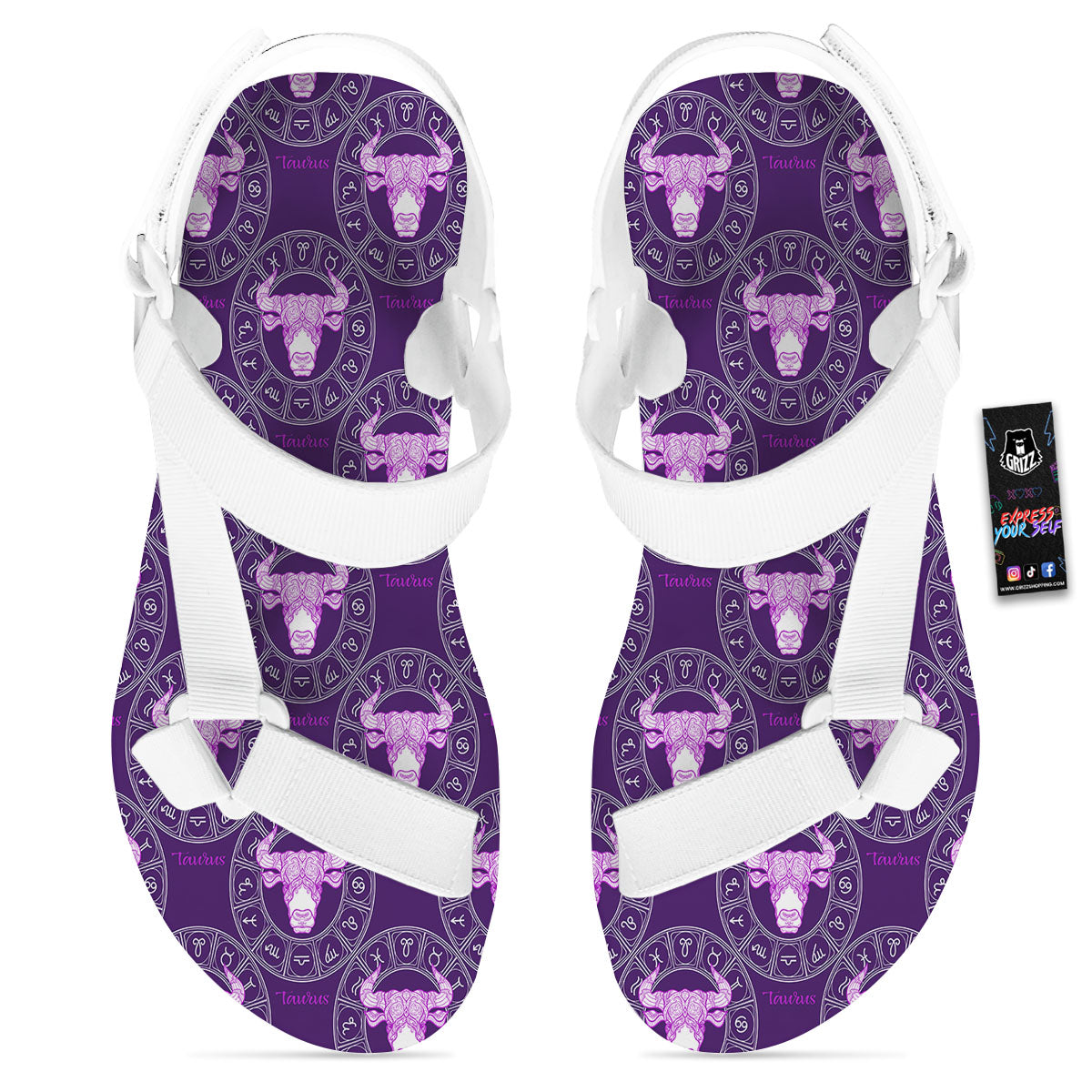 Zodiac Taurus Purple Print Pattern White Open Toe Sandals-grizzshop