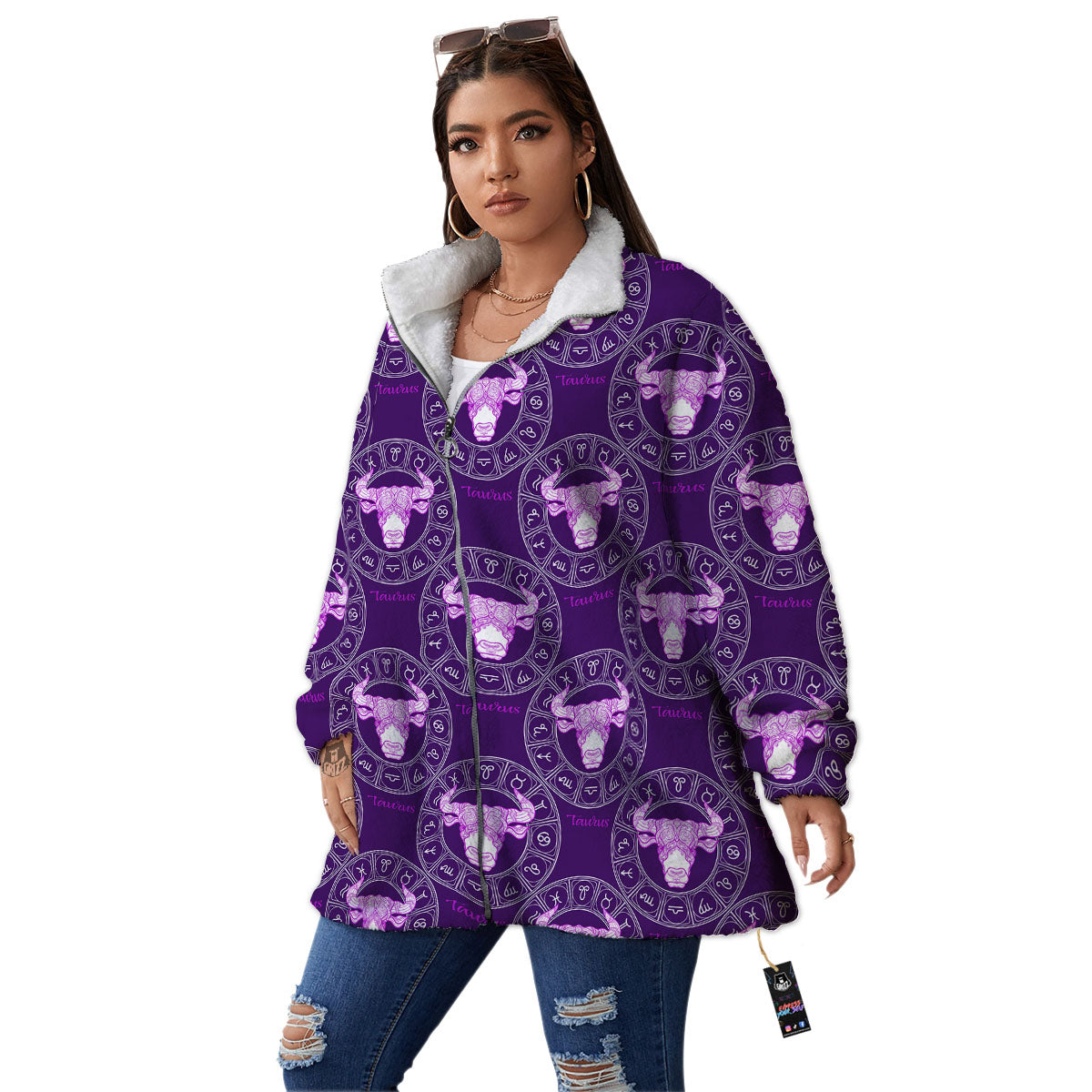 Zodiac Taurus Purple Print Pattern Women's Sherpa Jacket-grizzshop